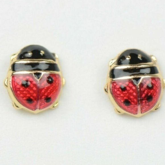 Solid 14k Yellow Gold Red and Black Enamel Ladybug Baby Screw Earrings Medium - Picture 5 of 7